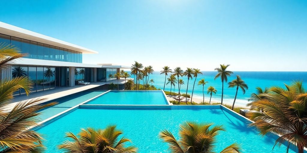 Modern mansion, infinity pool, palm trees, ocean view