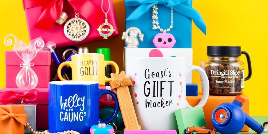 Colorful unique gifts including personalized items and gadgets.