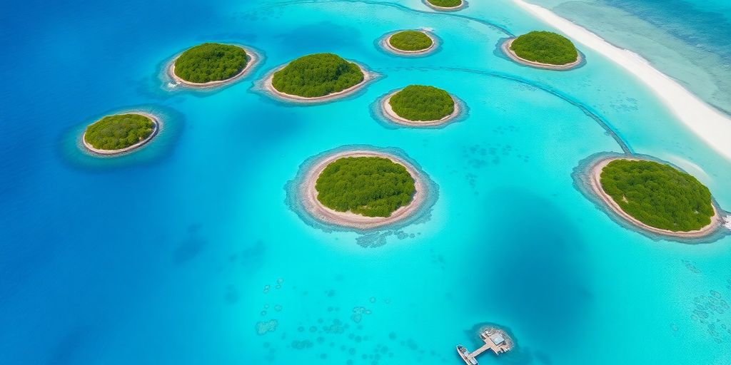 Turquoise lagoon with coral reef and snorkelers.