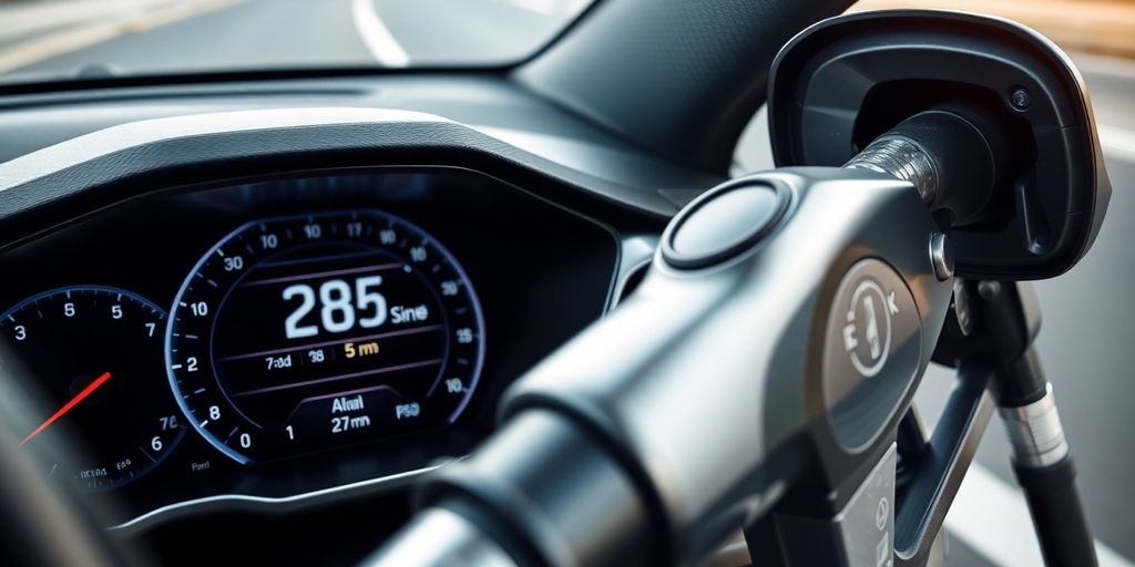 Car dashboard and fuel pump.