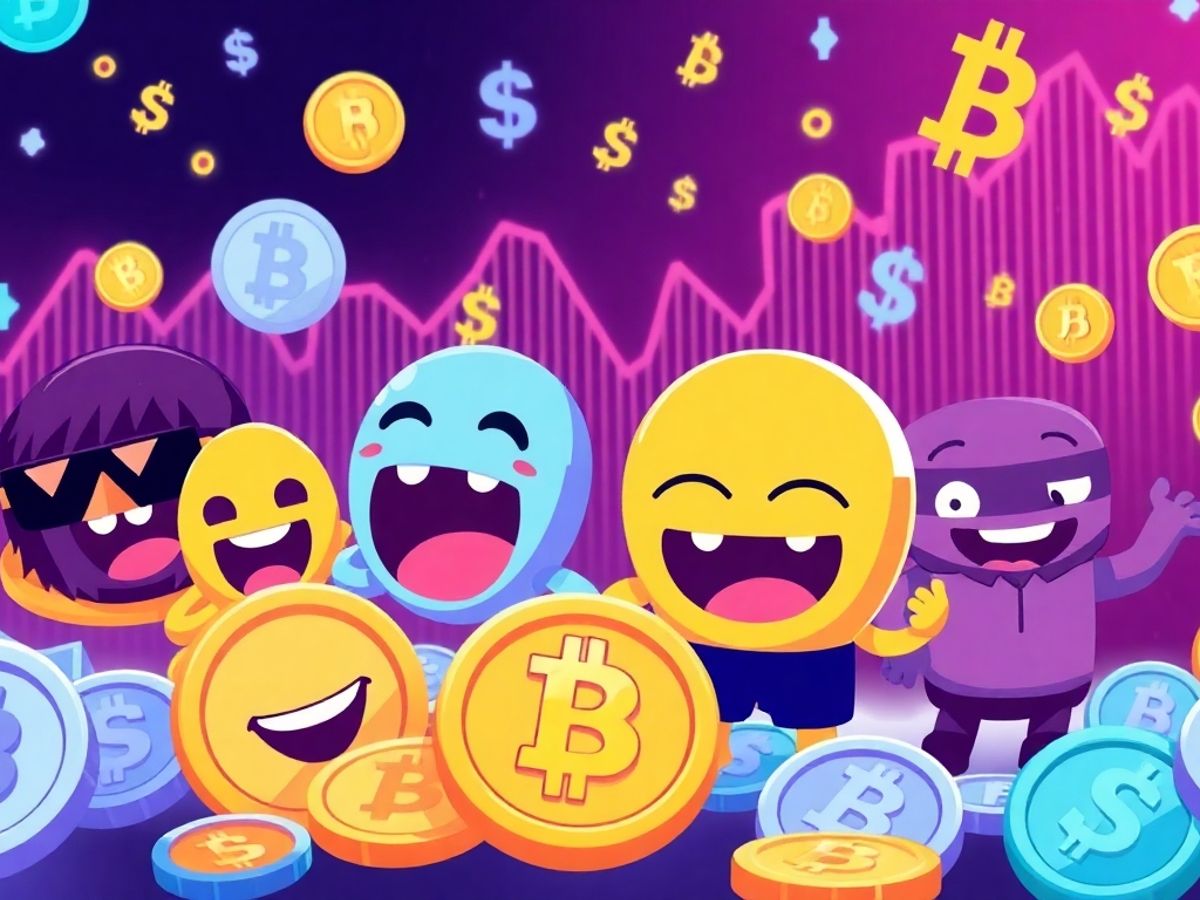 Colorful meme characters in a crypto-themed market illustration.