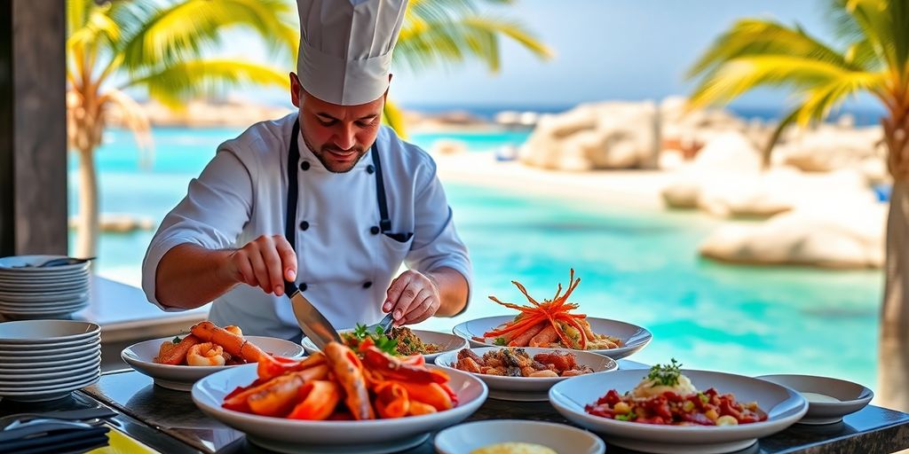 Chef plating gourmet seafood overlooking a Cabo beach.
