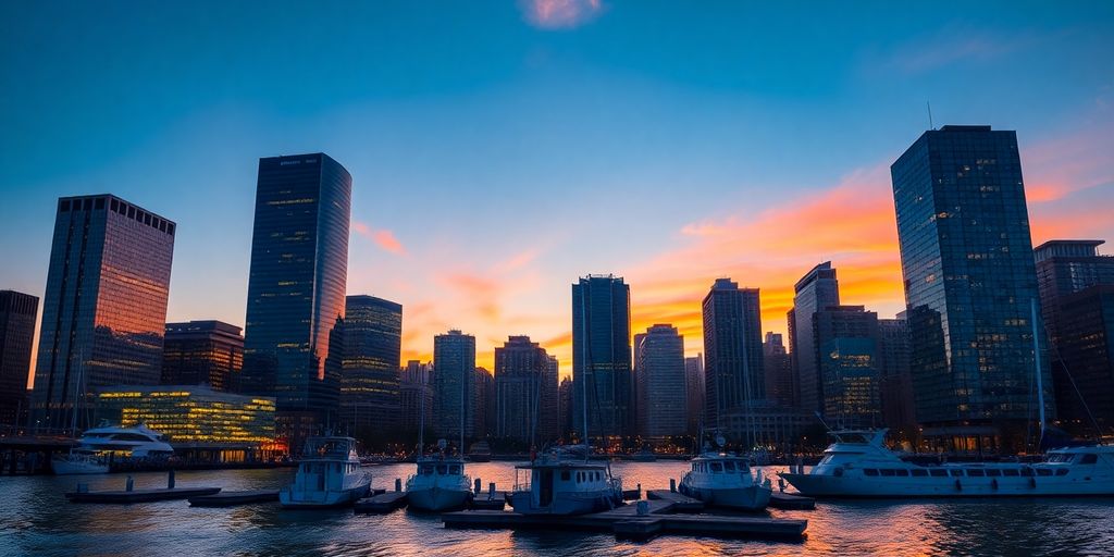 Boston skyline, modern buildings, harbor boats, sunset.