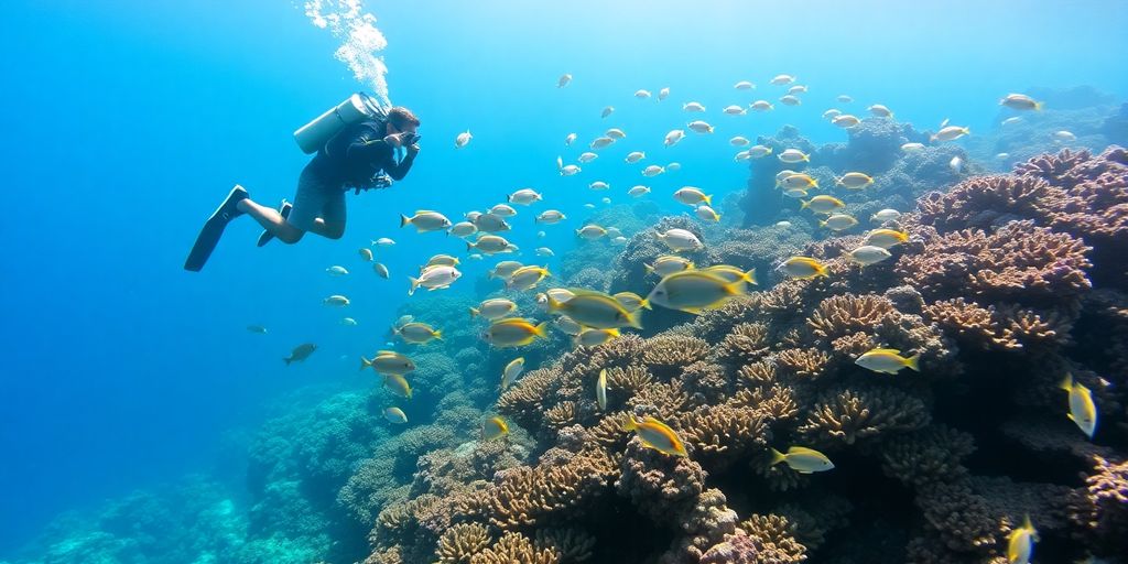 Vibrant coral reef teeming with colorful fish underwater.