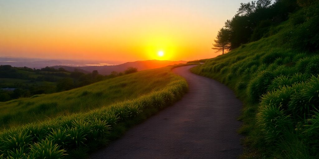 A winding path through nature leading to a bright horizon.