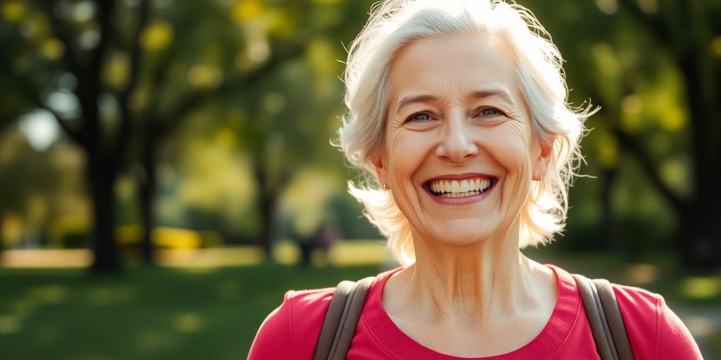 Happy senior woman walking confidently outdoors.