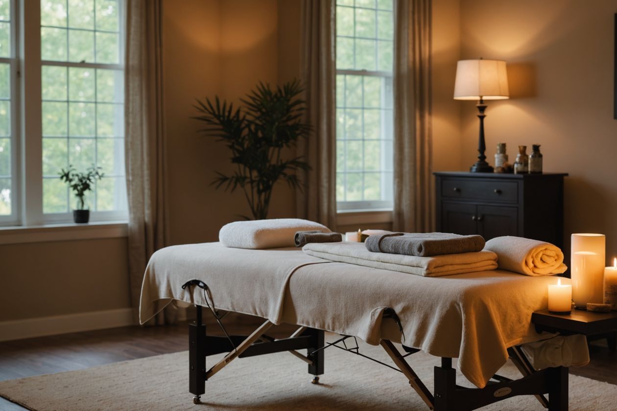 Home massage setup with table and soft lighting