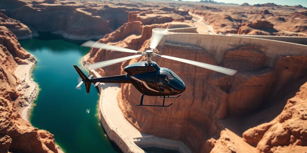 A helicopter flies over the Hoover Dam and Lake Mead.
