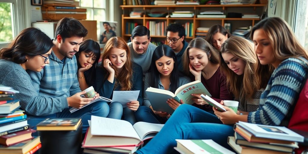 Diverse students study together in a cozy, cluttered space.