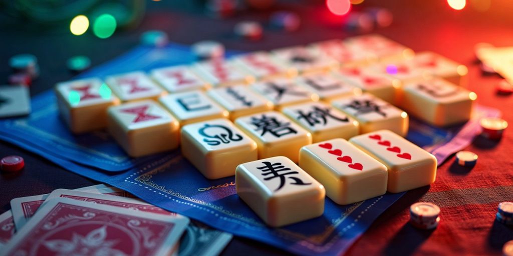 Mahjong tiles and poker cards together