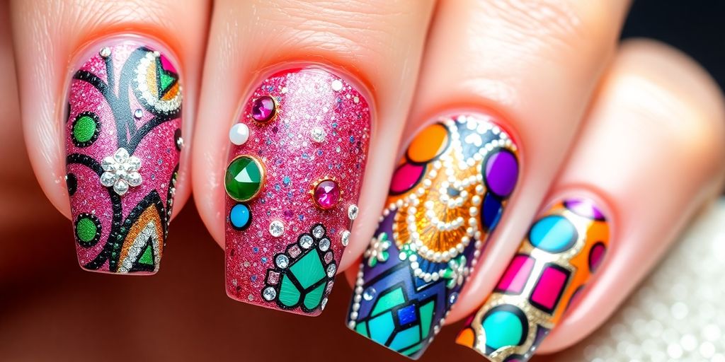 Colorful nail art designs close-up with intricate patterns.