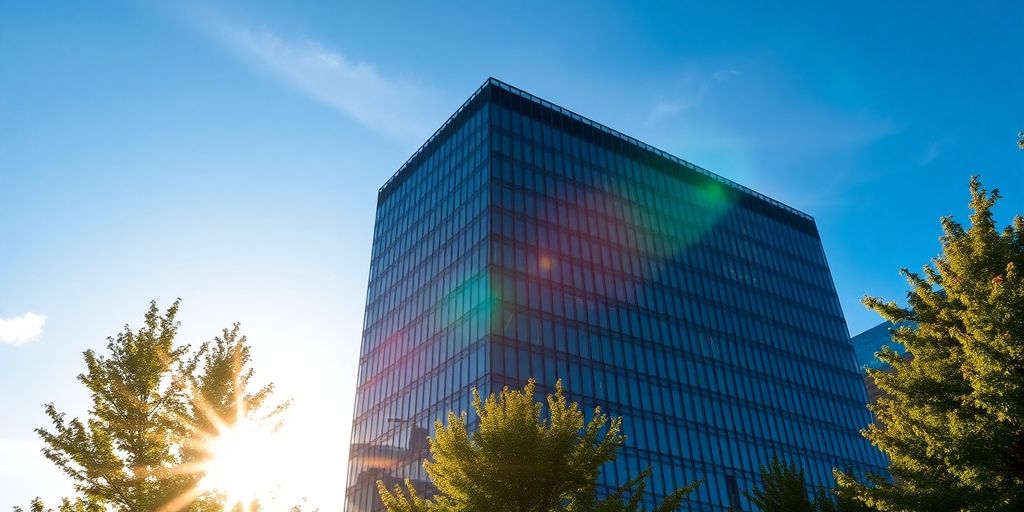 Modern office building in Denver at sunset.