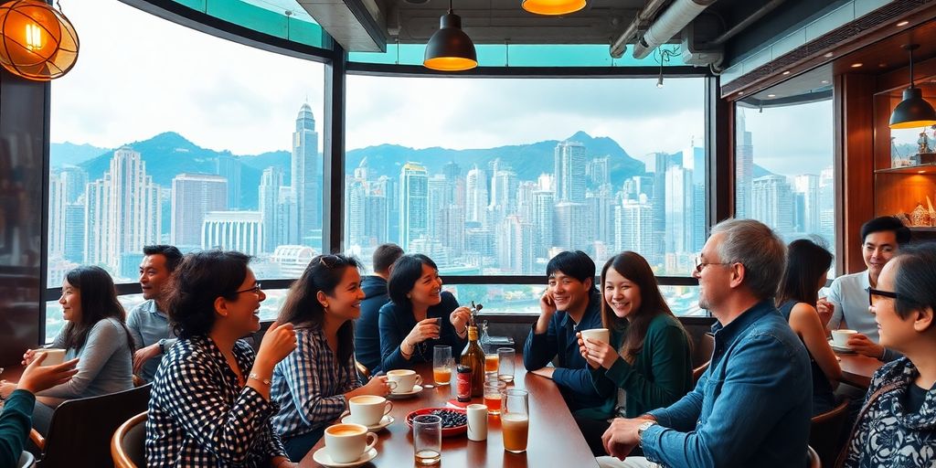 Diverse expats socialising in a Hong Kong café.