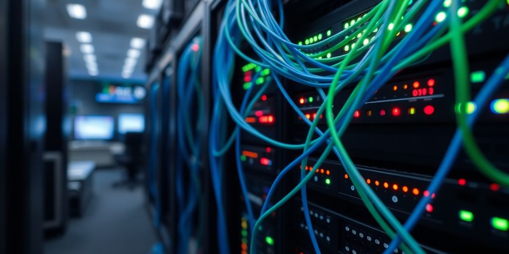 Financial data flowing, glowing blue lines.