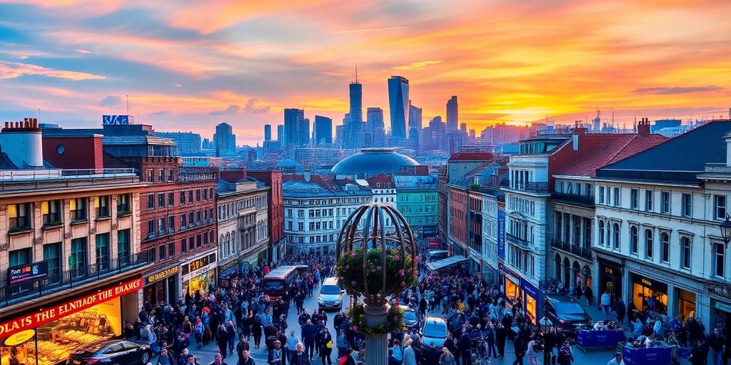 Diverse crowd in a vibrant UK city at sunset.