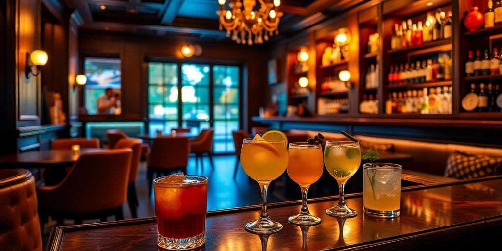 Cozy bar with colorful cocktails and warm lighting.