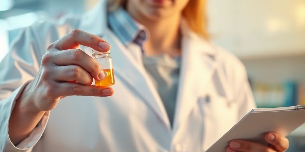 Pharmacist in lab coat with pills.