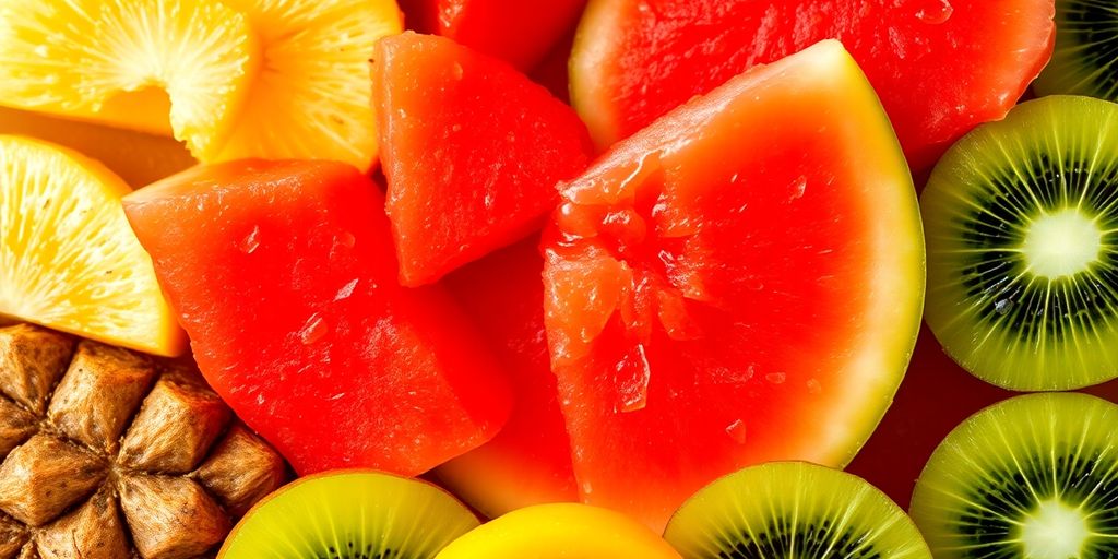 Colorful fruit platter with vibrant slices of fresh fruit.
