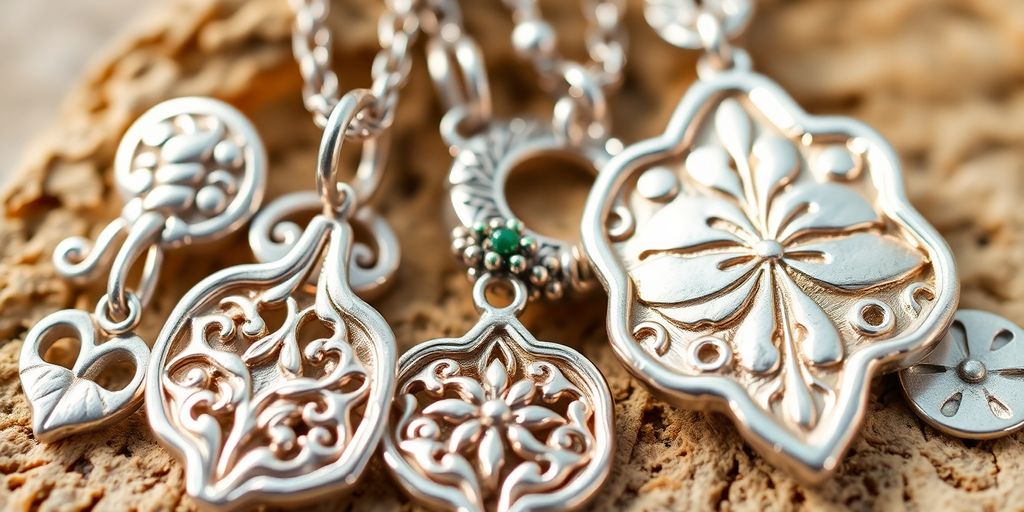 Bijoux en argent recyclé brillants sur fond naturel.