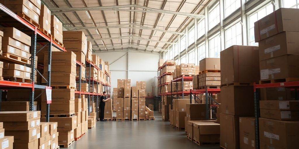 Bright, organized warehouse interior with neatly stacked storage.