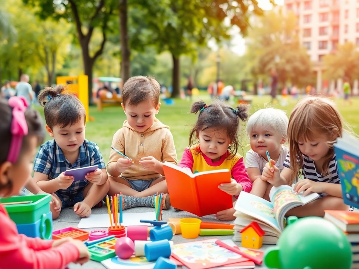 Copii jucându-se și învățând în parc.