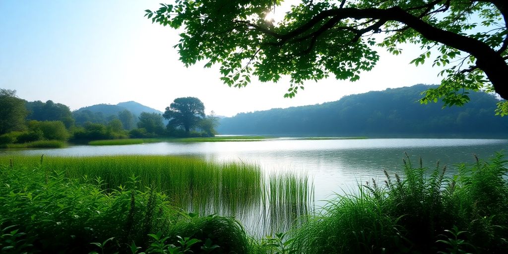 Tranquil landscape with a calm lake and greenery.