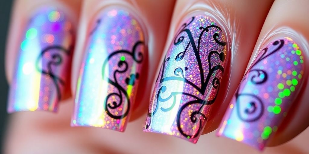 Unhas holográficas decoradas com designs artísticos e brilhantes.