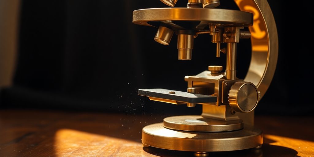 Early microscope on wooden table, soft light.