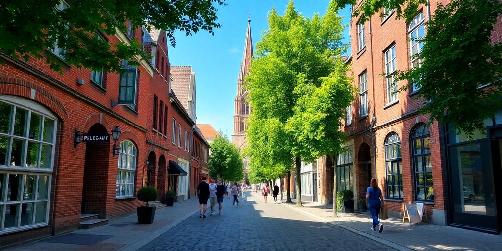 Zonnige historische straat Bilzen, oude gebouwen en kerktoren.