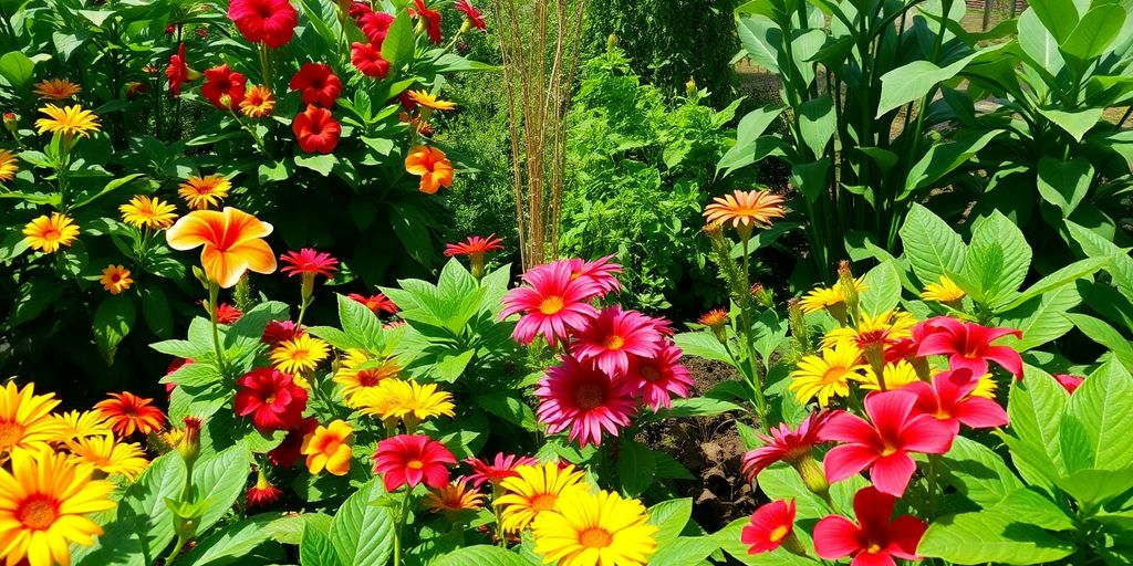 Jardim vibrante com flores tropicais e plantas medicinais.