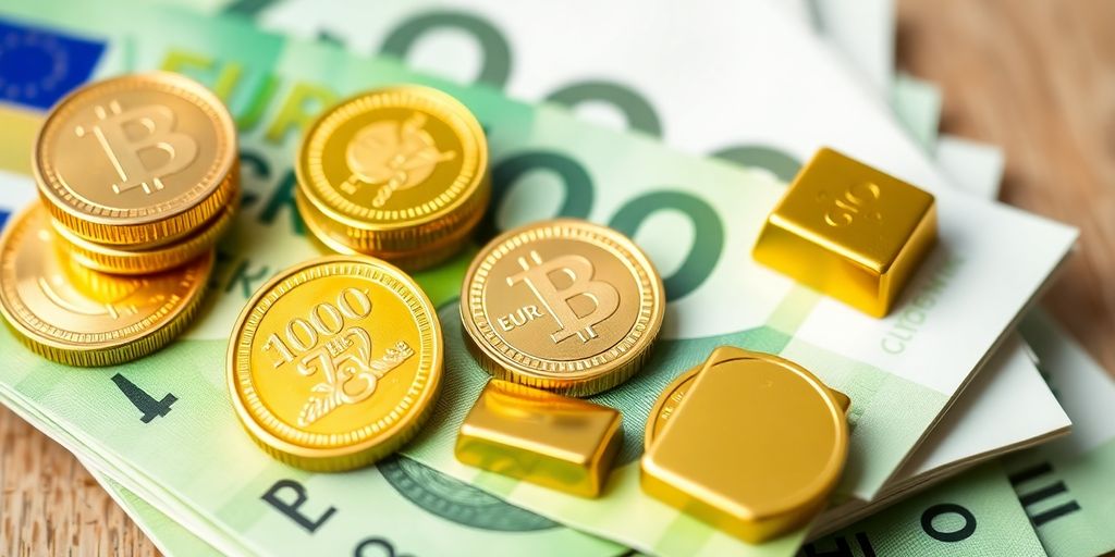 Moedas de ouro e barras de ouro em notas.