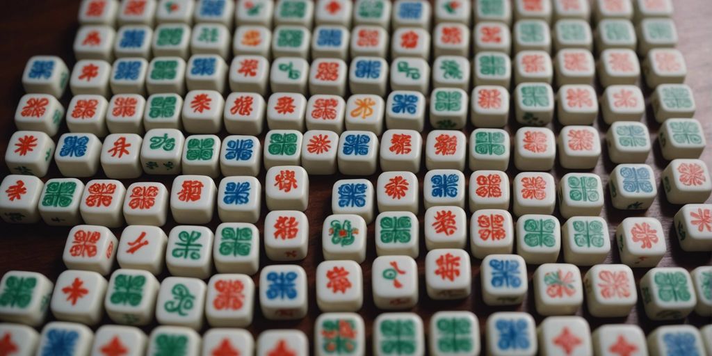 Mahjong character tiles neatly arranged in a colorful grid.