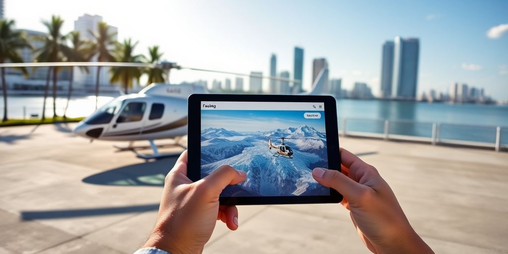 Helicopter on Miami helipad with tablet showing Alaskan glaciers.