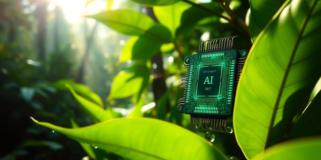 AI chip, green circuits, lush rainforest