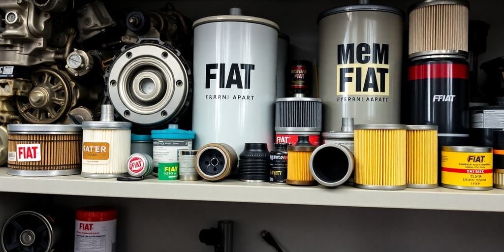 Fiat car parts arranged neatly on a shelf.