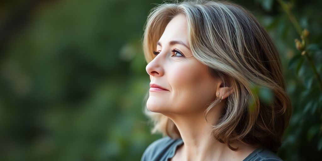 Mulher pensativa em ambiente natural, simbolizando menopausa.