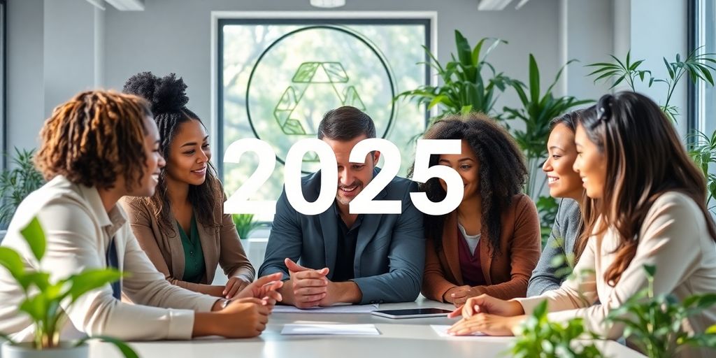 Diverse team collaborating in a bright, modern workspace.