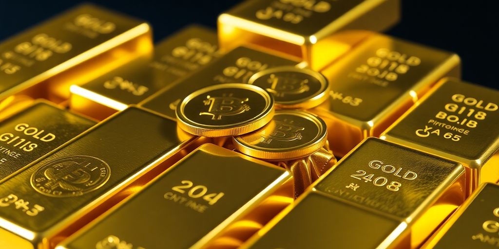 Lingots d'or empilés, pièces d'or brillantes.