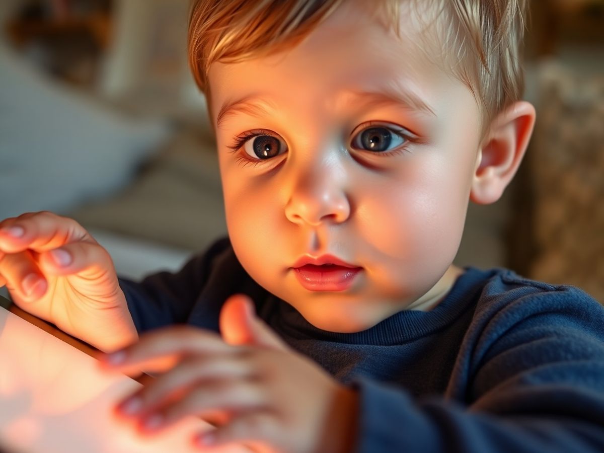 Copil curios interacționând cu gadgeturi, într-un mediu luminos și sigur.