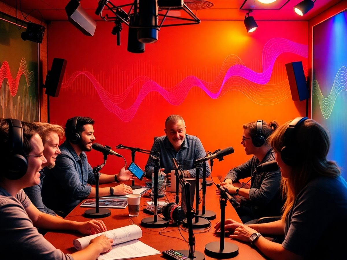 Podcast studio with creators, microphones, and colorful sound waves.