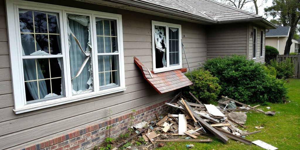 Storm damage visible on a home: broken windows and debris.