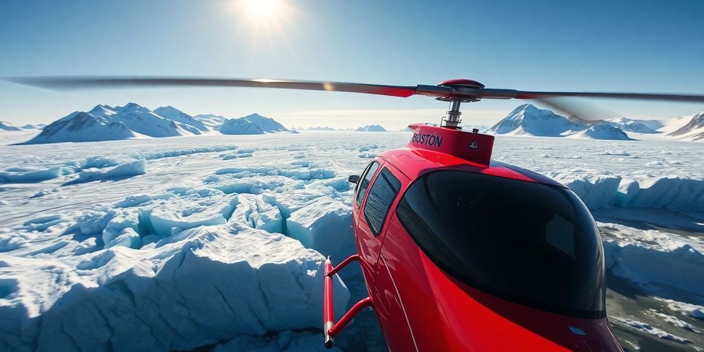 A red Boston helicopter flies over a vast Alaskan glacier.