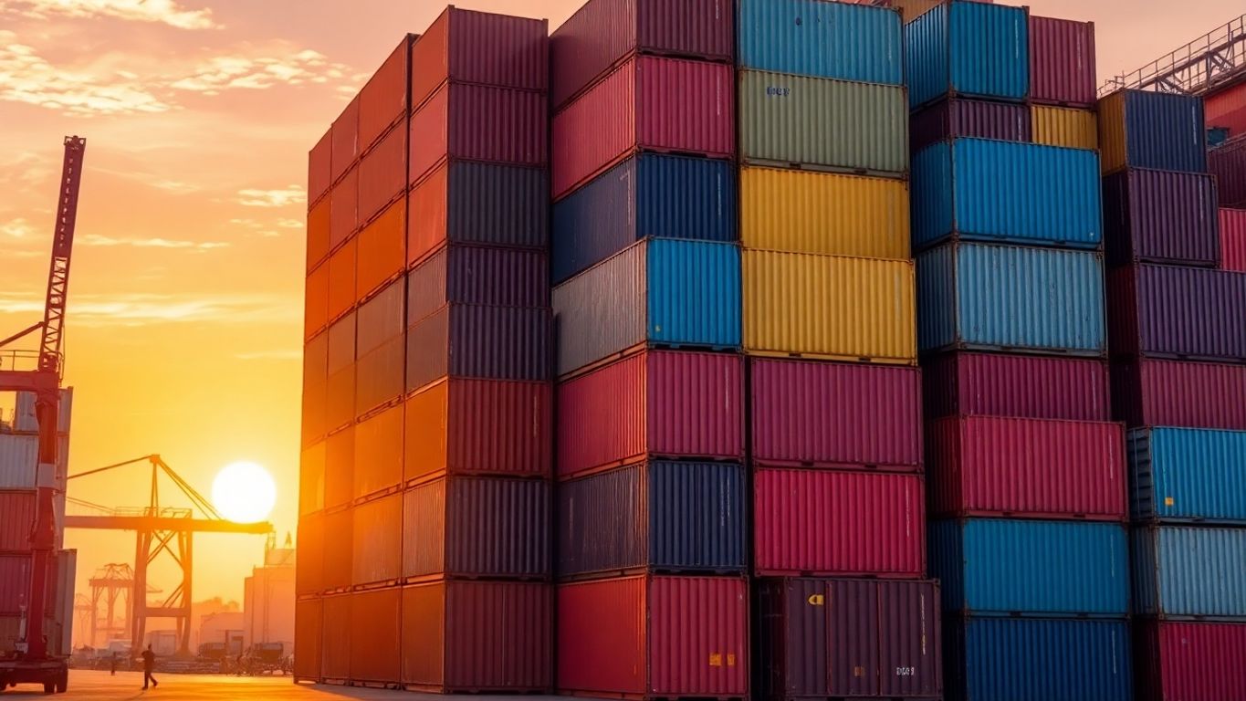 Stack of colorful shipping containers at sunset.