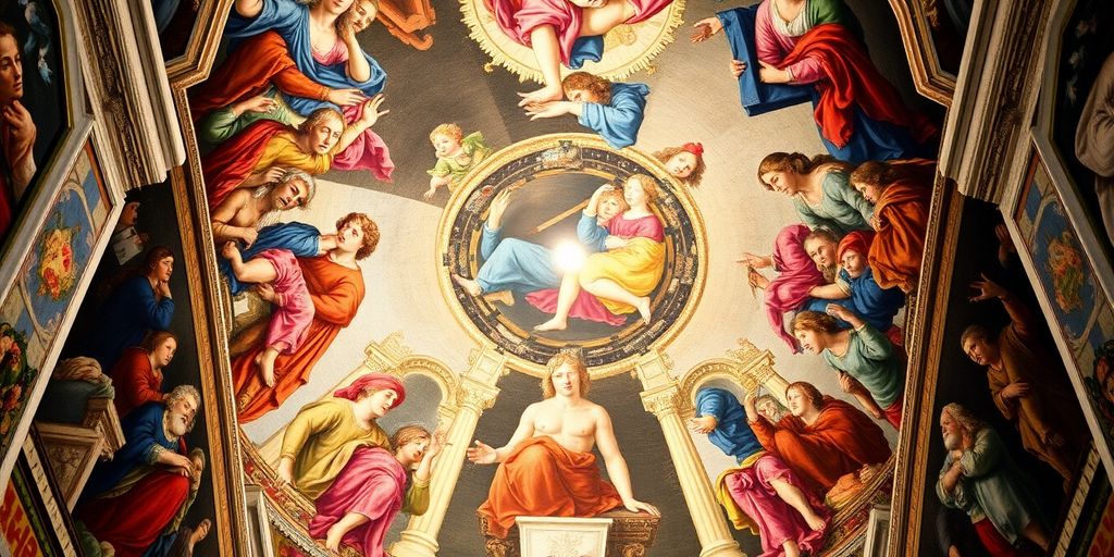 Close-up of vibrant frescoes on Sistine Chapel ceiling.