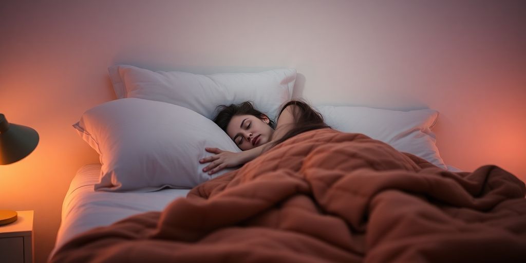 Person sleeping peacefully in a cozy, softly lit bedroom.