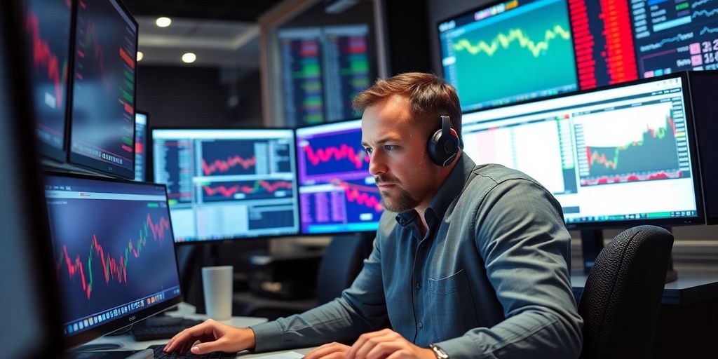 Trader analyzing data on multiple screens in a modern setting.