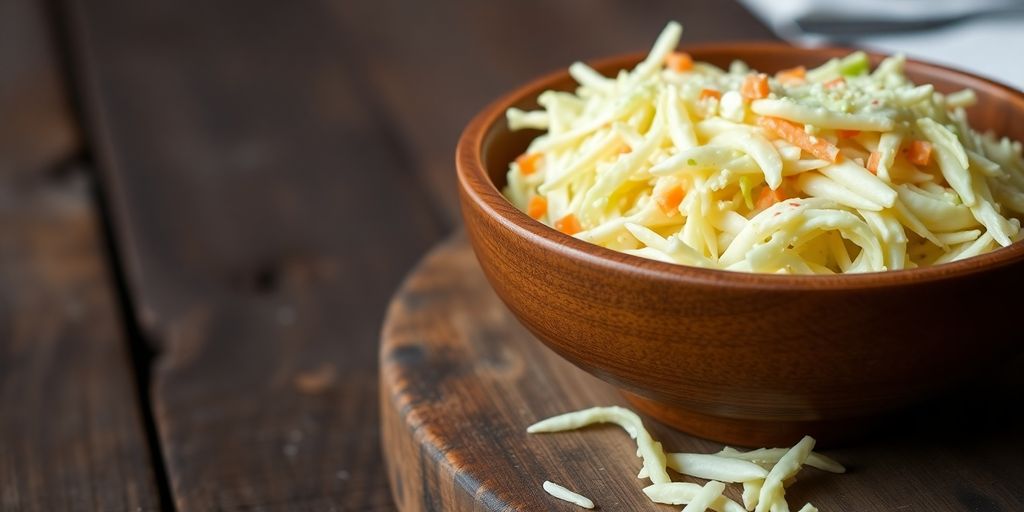 Vintage bowl of coleslaw on rustic table.