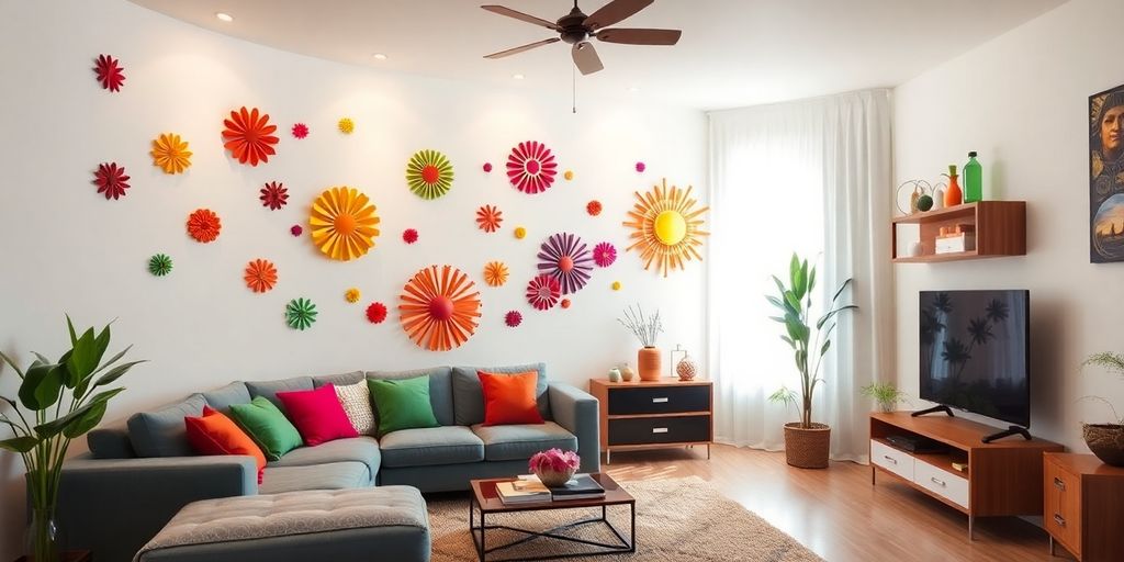 Vibrant wall decals arranged in a stylish living room.