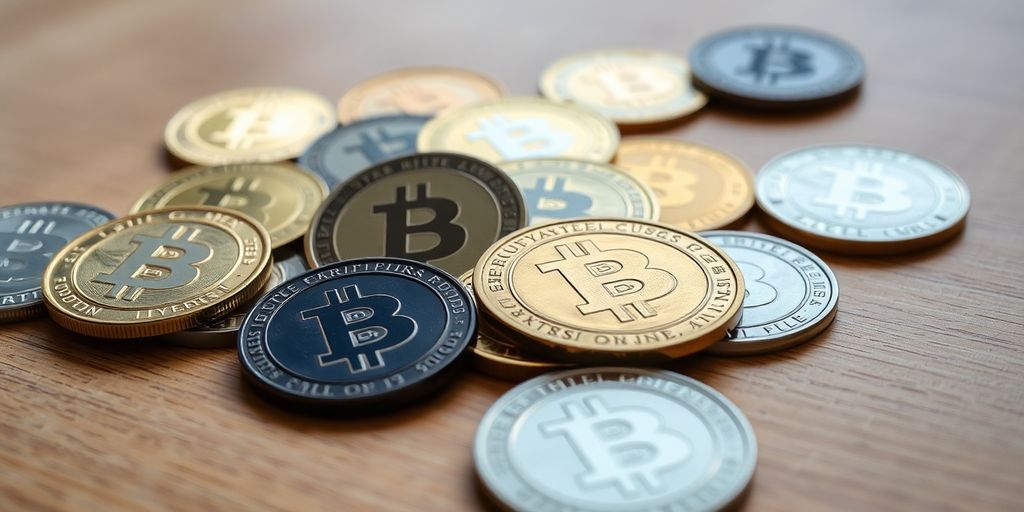 Photograph of diverse cryptocurrency coins on a wooden surface.