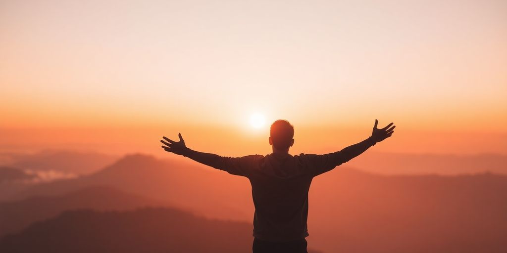 Person with open arms on mountain peak.
